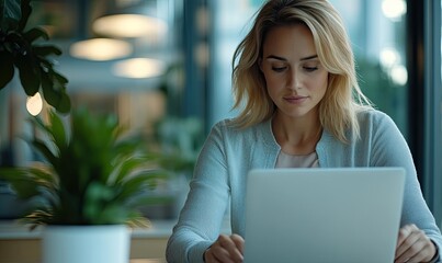 Young Businesswoman in Modern Office: Productivity and Nature Combined