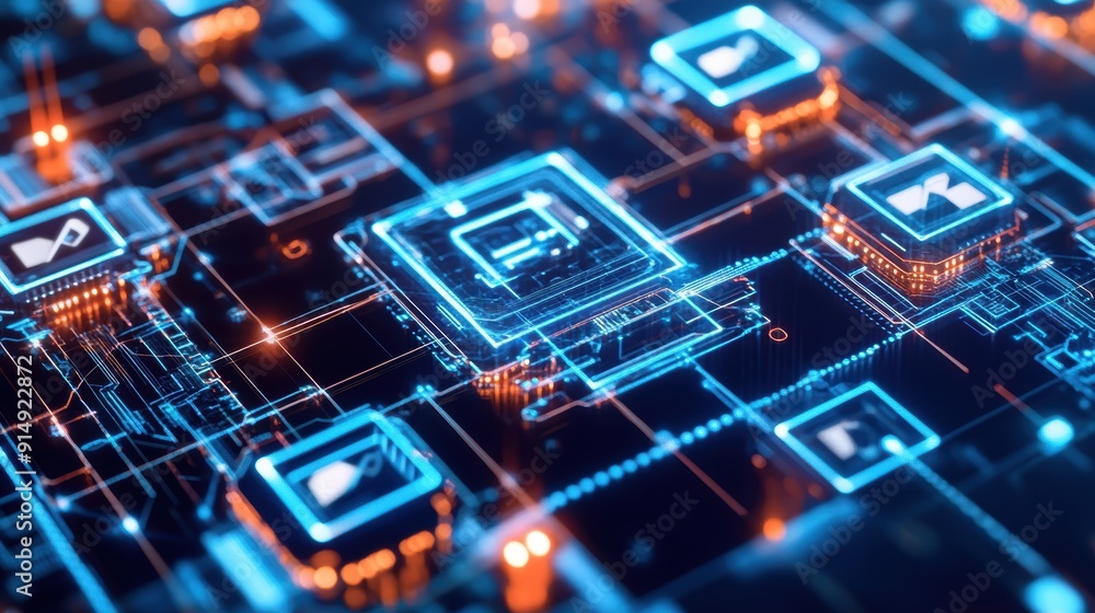 Poster futuristic digital circuit board with glowing microchips and icons representing technology, communic