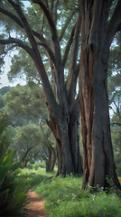 a painting of a path between two trees in the woods