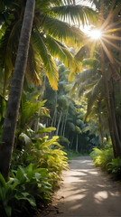 Obraz premium a view of a path through a tropical jungle with palm trees
