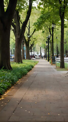 Obraz premium a sidewalk with a bench and a lamp post on it