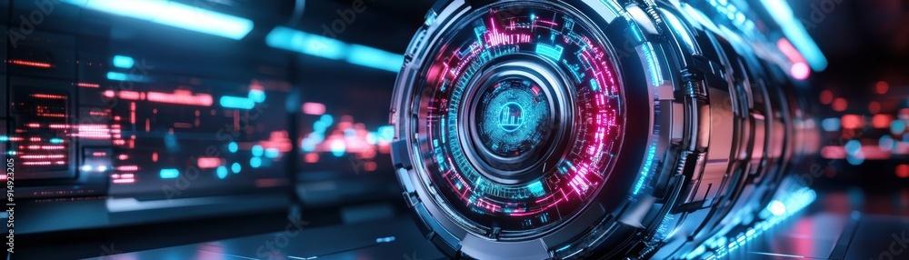 Poster futuristic glowing technology element with vibrant colors, showcasing intricate patterns and digital