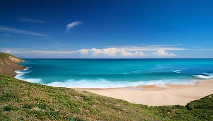 広い海と砂浜。青空。The wide sea and the sandy beach. Blue sky.