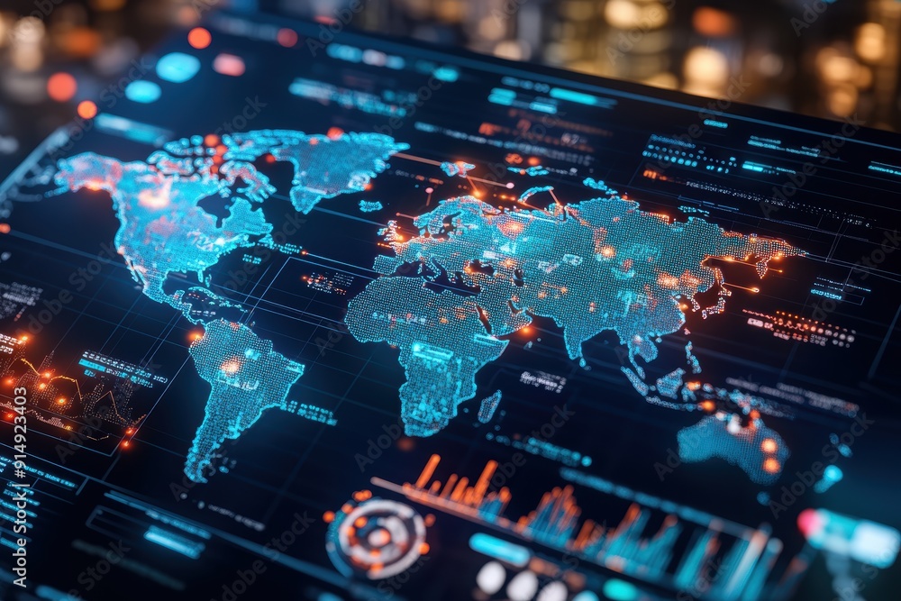 Poster futuristic map displaying global connections and data analytics, showcasing technology and innovatio
