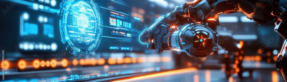 Poster futuristic robotic arm interfaces with a digital display, showcasing advanced technology and innovat