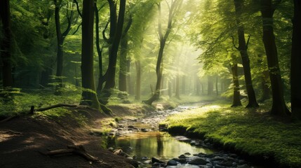 Obraz premium green forest with sunlight filtering through the trees, 