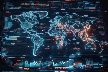 Fototapeta premium Futuristic world map with glowing data visualizations, showcasing trends and analytics in an immersive digital display.
