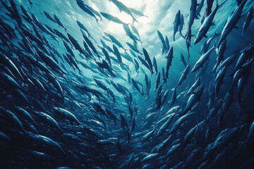 A school of fish swimming in perfect synchronization in the open ocean.