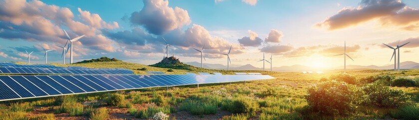 A beautiful landscape featuring solar panels and wind turbines under a vibrant sky, symbolizing renewable energy and sustainability.