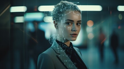  Women or business people with technology, a young woman with digital facial recognition overlay, 