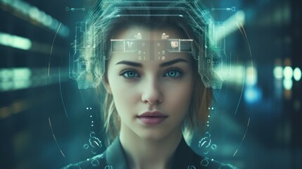  Women or business people with technology, a young woman with digital facial recognition overlay, 