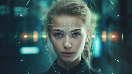 Women or business people with technology, a young woman with digital facial recognition overlay, 