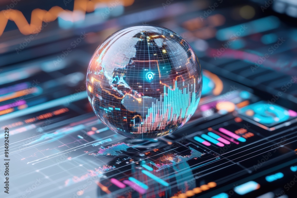 Poster a digital globe representing global data analytics and market trends with vibrant graphs and charts 