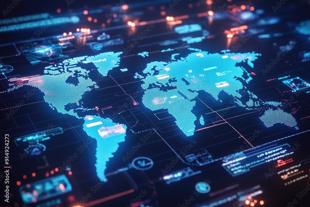 Poster a digital world map with glowing elements representing data connections and global communication in 