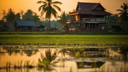 Obraz premium landscape of rice fields at sunset with a traditional Thai house,Asian landscape