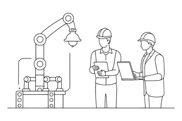  Two individuals examining a machine in an industrial factory setting, showcasing collaboration and technology in action One line continuous line art vector illustration on white backgroun