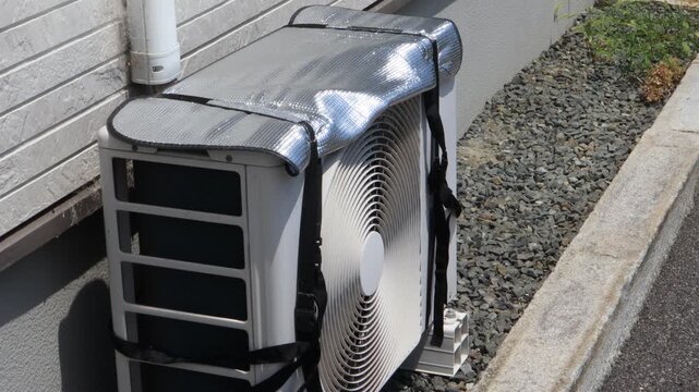 エアコンの室外機に取り付けた遮熱シート