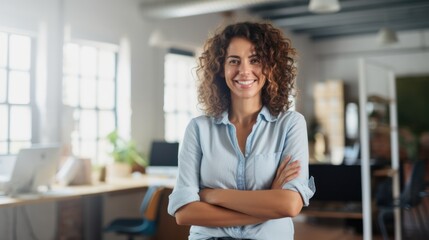 Happy female designer in jeans 