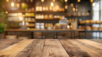Blurred wooden table and coffee shop background with product display.