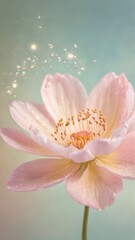 Obraz premium A delicate pink flower in soft focus, glowing against a dreamy, warm gradient background. Gentle sparkles surround the bloom, creating an ethereal, magical atmosphere.