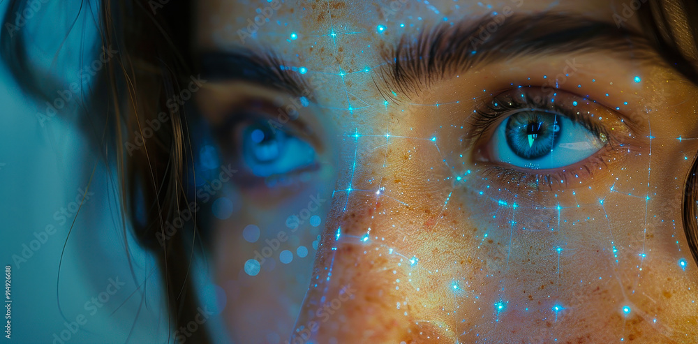 Poster close-up of face recognition technology with digital mapping overlay on person's face, showcasing ad