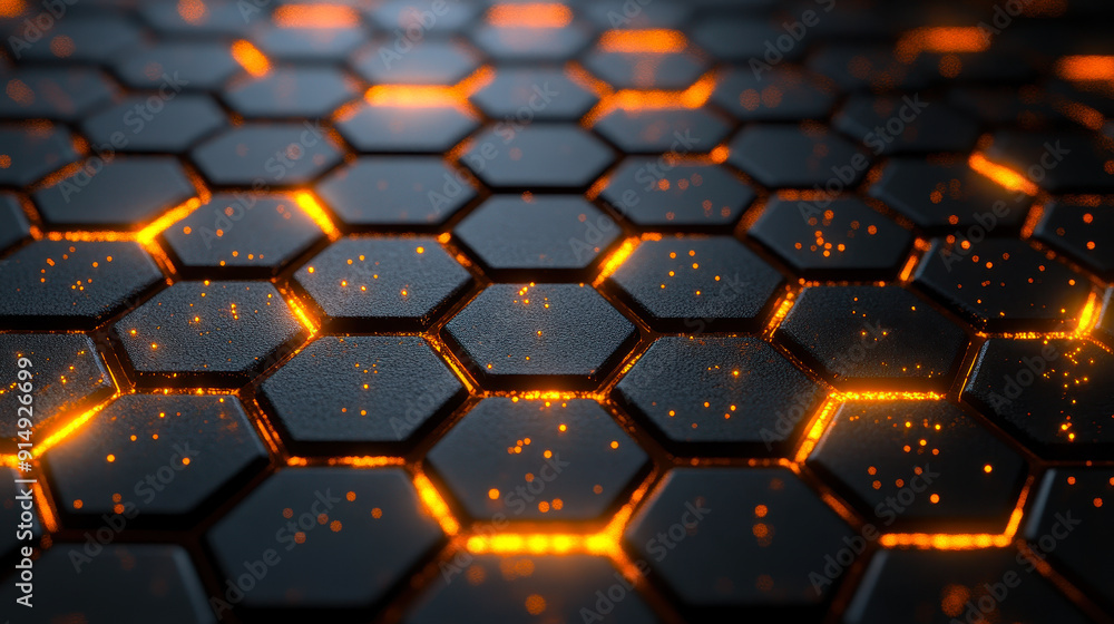 Poster luxurious hexagonal black metal texture with golden light lines - dark 3d geometric grid pattern - i