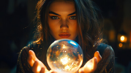 Naklejka premium Mystic Fortune Teller Gazing Into Glowing Crystal Orb in Dimly Lit Room: Enchanted Night, Mystical Ideas, Tarot Reading Vibes, and Psychic Predictions, Capturing the Mysteries of a Bewitching Evening