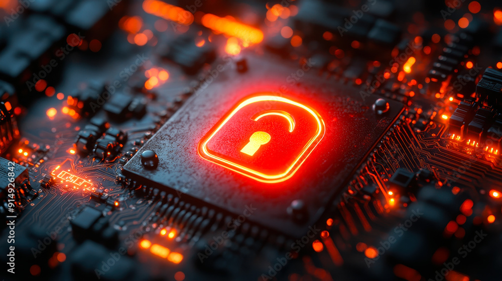 Poster red glowing padlock icon on circuit board highlighting digital security and cybersecurity concept in