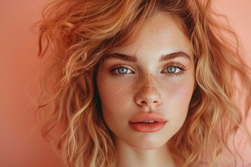 Naklejka premium Vibrant Portrait of a Young Woman with Peach Makeup and Freckles
