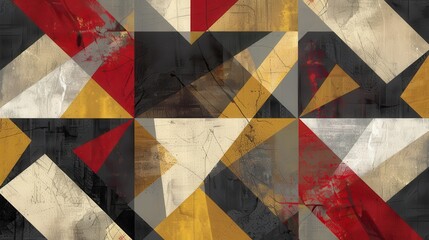 A vibrant abstract artwork showcases dynamic shapes in red, yellow, black, and gray for a striking visual impact