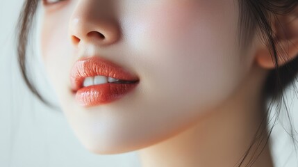 Fototapeta premium Young woman with Gloss red lips,closeup face lady in studio background,smooth and glow skin. Natural beauty, healthy and girl or female with makeup for shiny mouth, fresh and collagen,copy space.