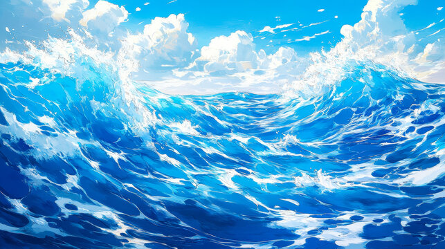 Vibrant Anime Style Ocean Waves Under Blue Sky with White Clouds Captivating Seascape for Summer Themes, Adventure, and Watery Backgrounds