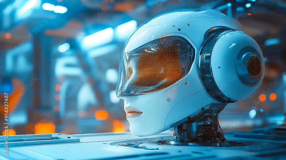 Poster futuristic ai automation concept with advanced robotic head in high-tech laboratory setting, emphasi