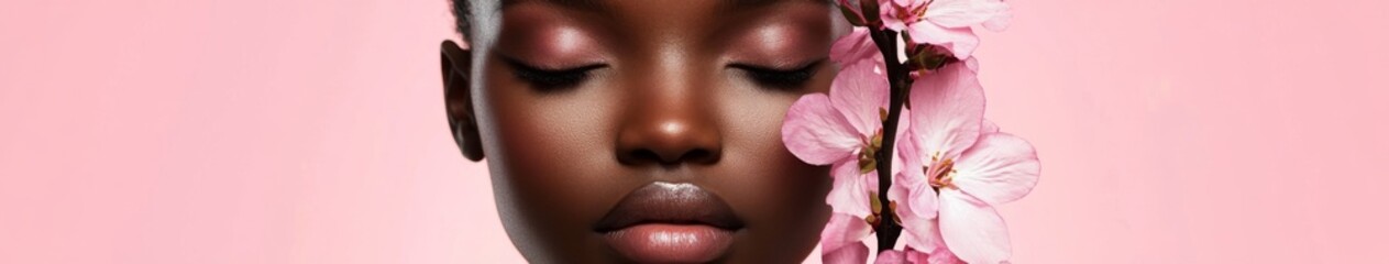 Obraz premium Close-up Portrait of a Woman Holding a Pink Flower, Complemented by a Pink Background, Exuding Beauty and Confidence in Feminine Elegance