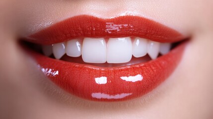 Obraz premium Young woman with Gloss red lips,closeup face lady in studio background,smooth and glow skin. Natural beauty, healthy and girl or female with makeup for shiny mouth, fresh and collagen,copy space.