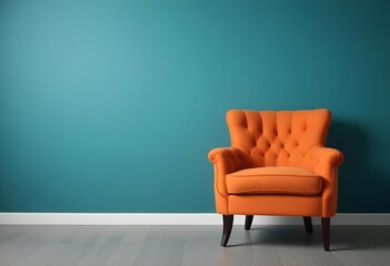 An orange tufted armchair in front of a teal blue wall