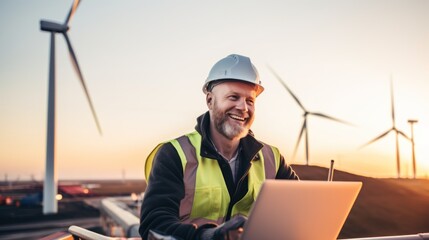 Smiling engineer working on a laptop near wind turbines 