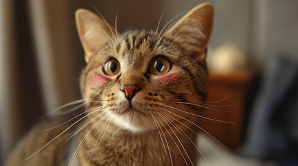 Tabby Cat with Pink Cheek Marks Close-Up