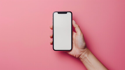 Mockup blank screen smartphone in hand isolated in pink background, mobile app design and advertising, online marketing concept