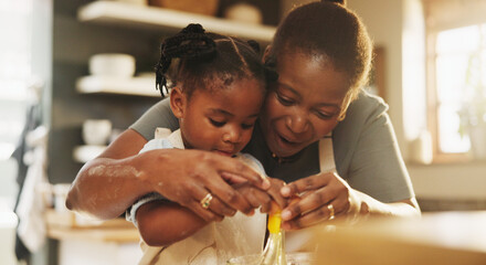 Education, child and black woman in kitchen for baking, recipe or help cracking egg at home. Girl,...