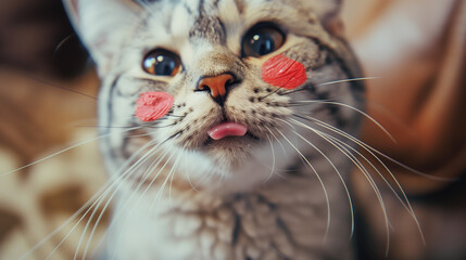 Tabby Cat with Pink Cheek Marks Close-Up
