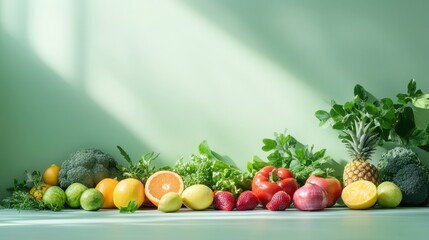 Different fresh fruits and vegetables in studio background,Various types of organic vegetable spread evenly on table,Advertising photo for product made from fresh vegetable ingredient,copy space.