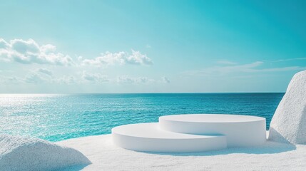 Modern White podium on white sand dune in front of beautiful azure sea on a sunny day, bokeh blue sea background,Summer mock up for design and product cosmetic sunscreen display concept.