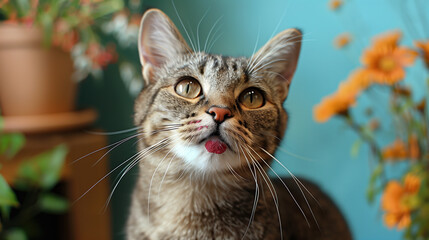 Tabby Cat with Pink Cheek Marks Close-Up