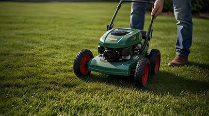 Fototapeta premium feeding lawn scattering granular fertilizer for perfect green grass.generative.ai