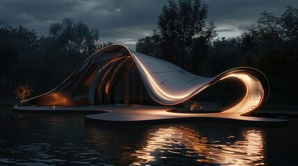 Abstract architectural form with flowing lines and organic shapes illuminated at night
