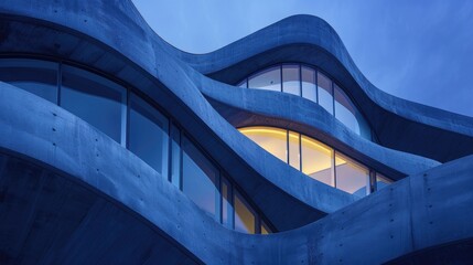 Naklejka premium Abstract architectural form with flowing lines and organic shapes illuminated at night