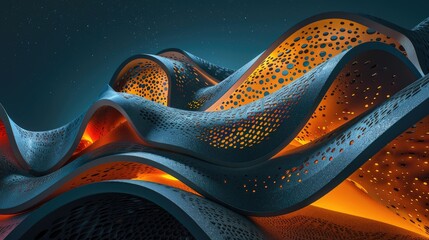 Abstract architectural form with flowing lines and organic shapes illuminated at night