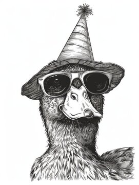 recommend clip art: Black and white Vintage engraved art of a duck wearing a party hat with sunglasses, portrait isolated on white background, ink sketch illustration, simple vector art design, highly detailed line art