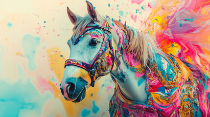 A horse adorned with bright and colorful elements resembling splattered paint. The vivid and rich colors merge into a harmonious composition